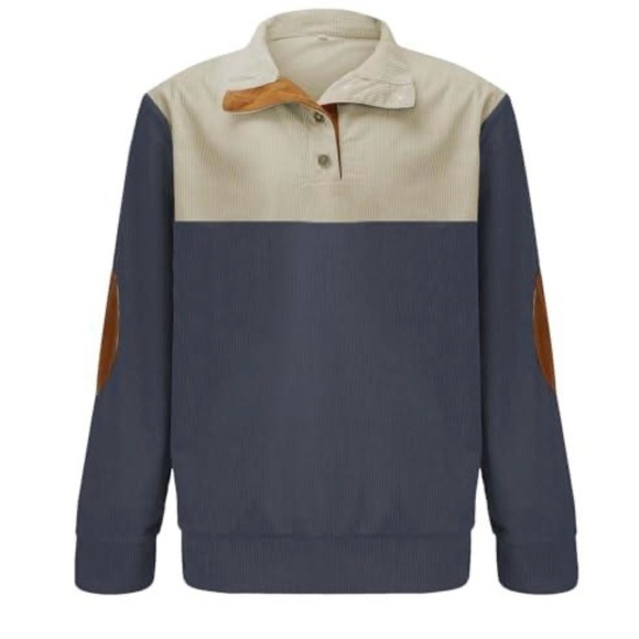 NWT Corduroy Colorblock Pullover Top Beige & Blue With Brown Accents Size XL - Picture 2 of 10